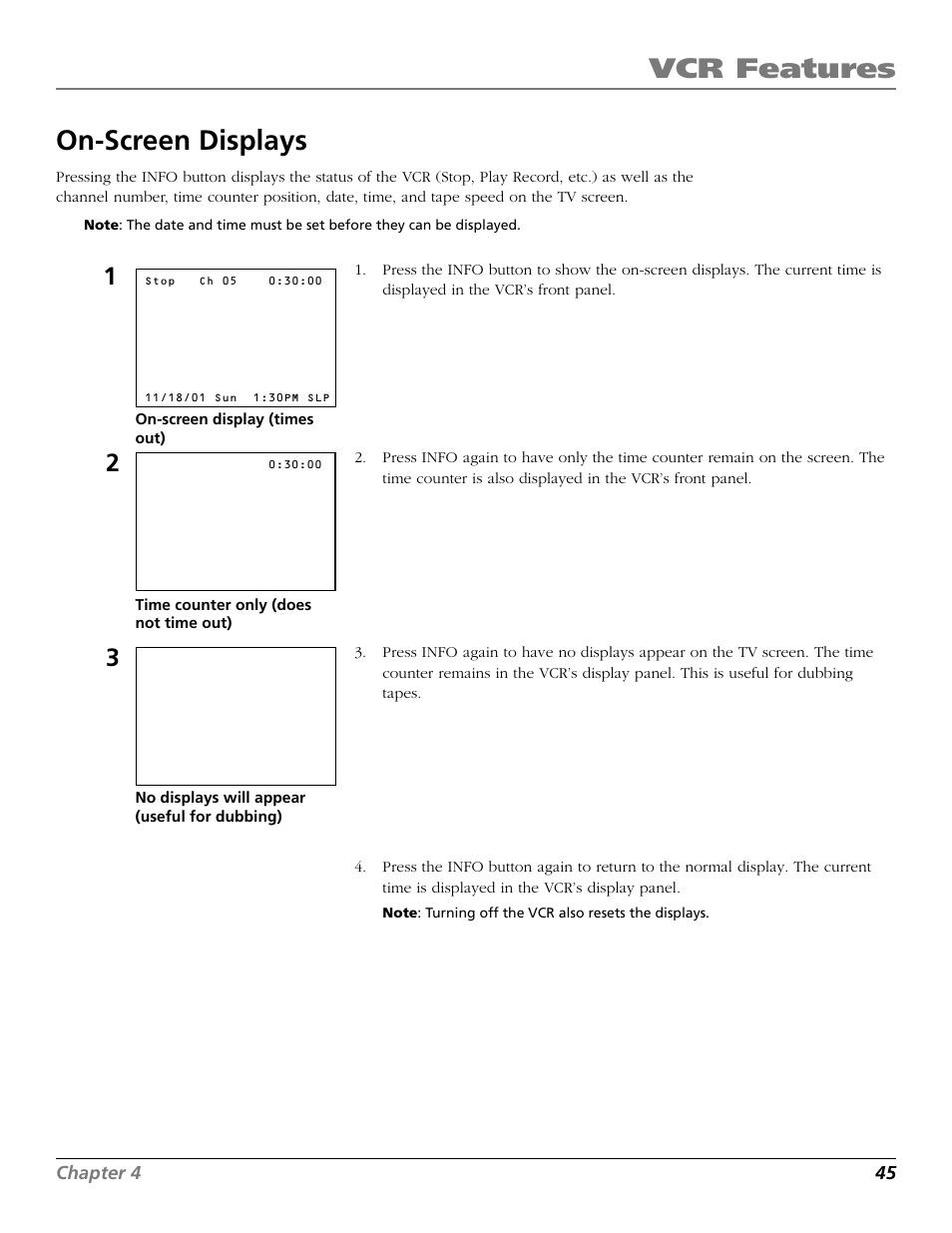 On-screen displays, Displays, on screen, Time counter display | Time display on tv, Vcr features | RCA VR661HF User Manual | Page 47 / 64