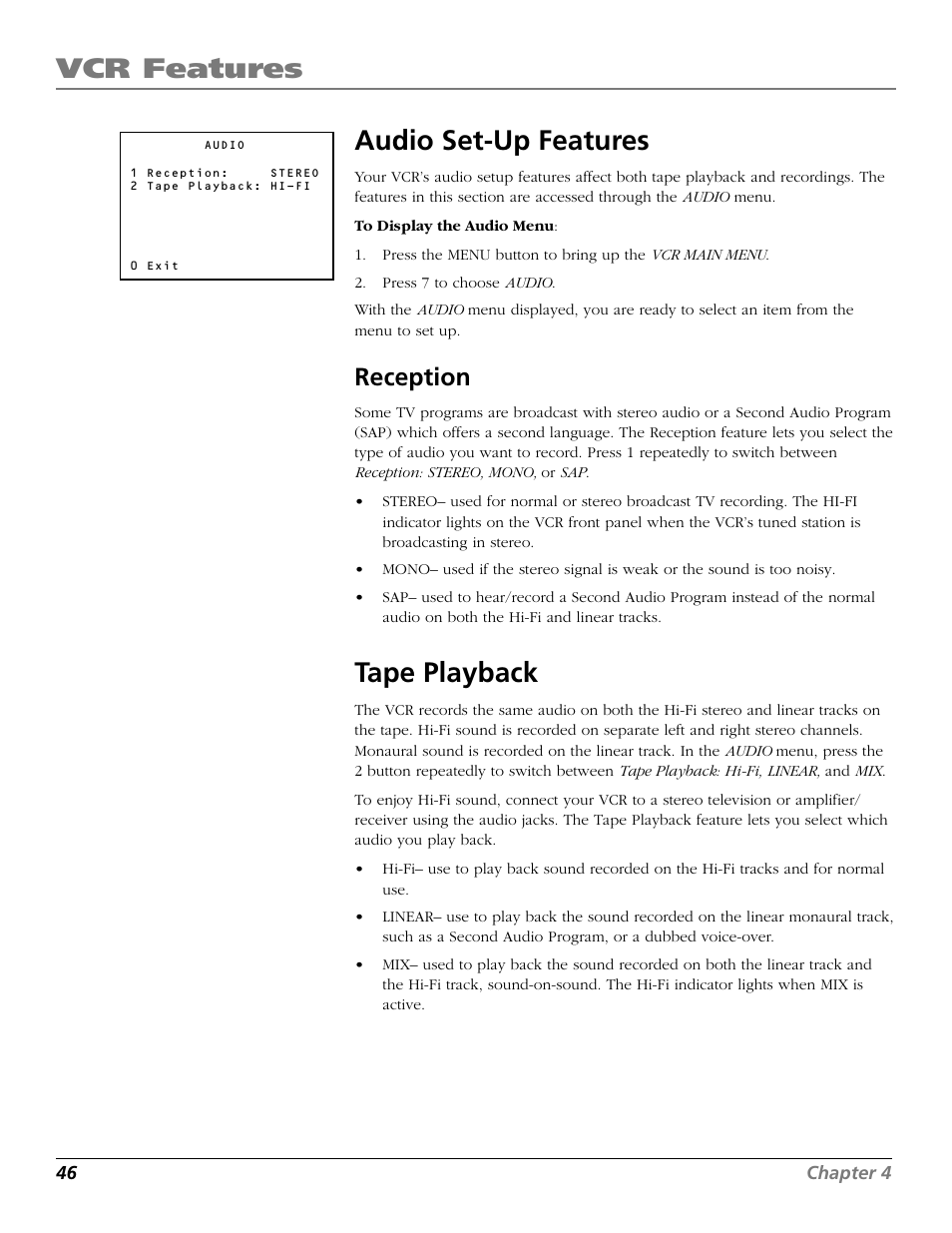 Audio set-up features, Tape playback, Audio features, set up | Audio menu, Tape playback feature, Tape playback: hi-fi/linear/mix, Audio set-up features tape playback, Vcr features, Reception | RCA VR661HF User Manual | Page 48 / 64
