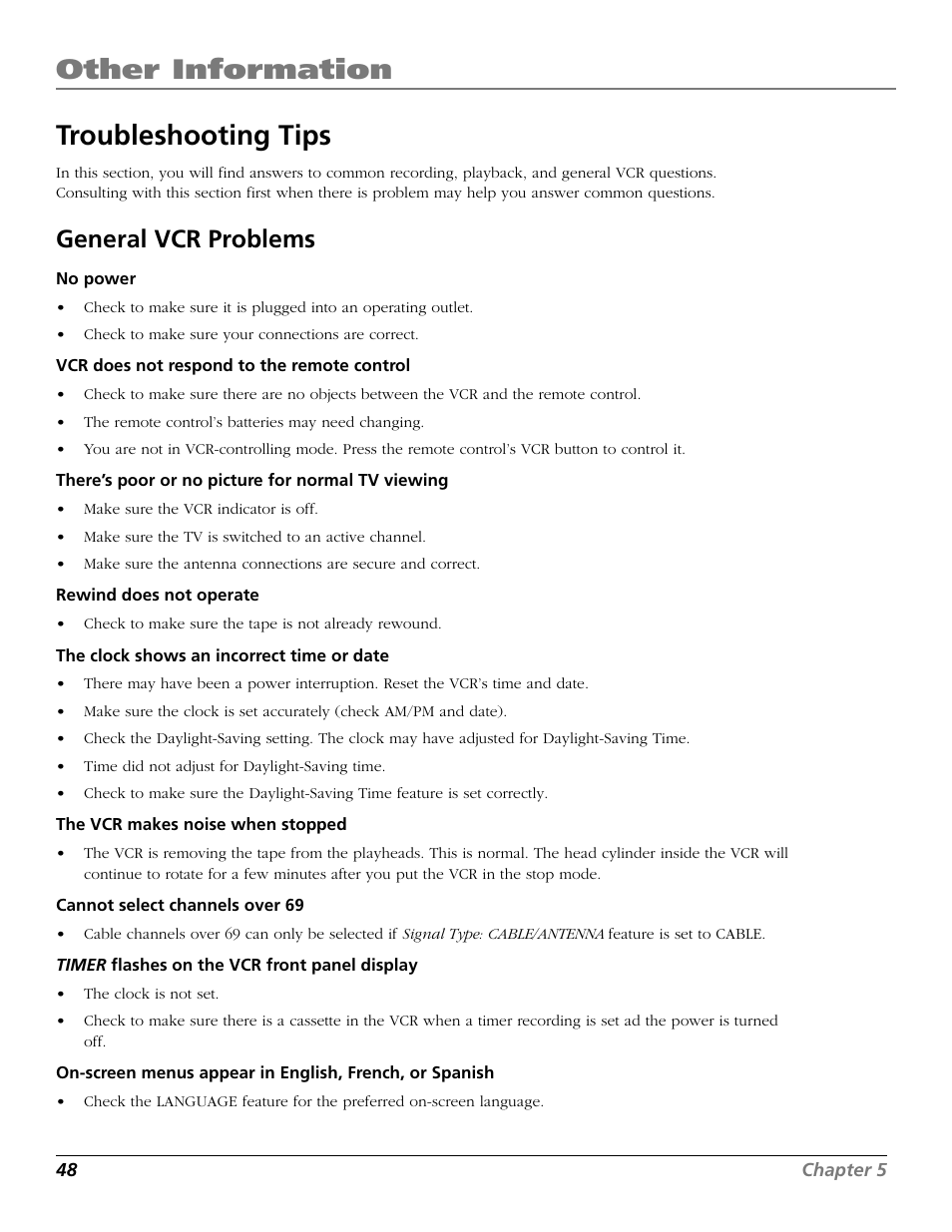 Troubleshooting tips, Questions and answers about commercial advance, Troubleshooting | Other information, General vcr problems | RCA VR661HF User Manual | Page 50 / 64