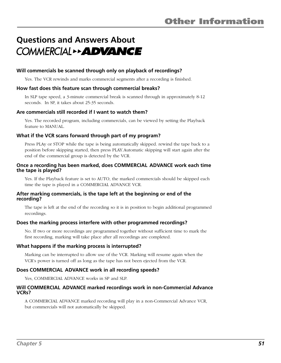 Questions and answers about commercial advance, Questions and answers, Other information questions and answers about | RCA VR661HF User Manual | Page 53 / 64