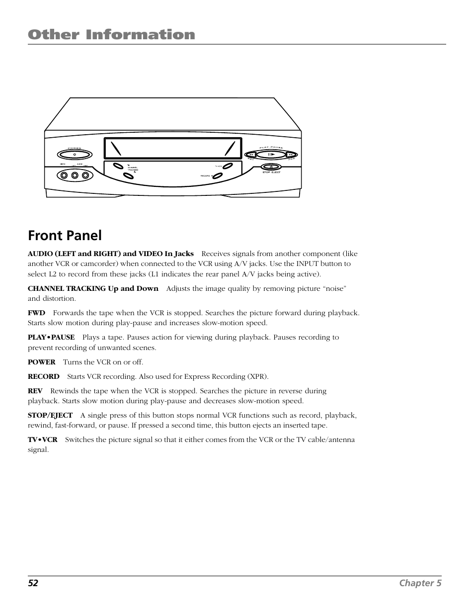 Front panel, Front panel controls, Other information | RCA VR661HF User Manual | Page 54 / 64