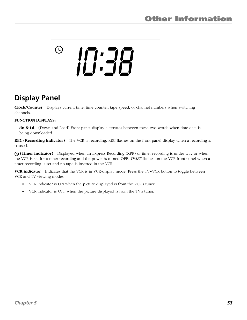 Display panel, Clock display, Indicators in display panel | Rec display, Other information display panel | RCA VR661HF User Manual | Page 55 / 64