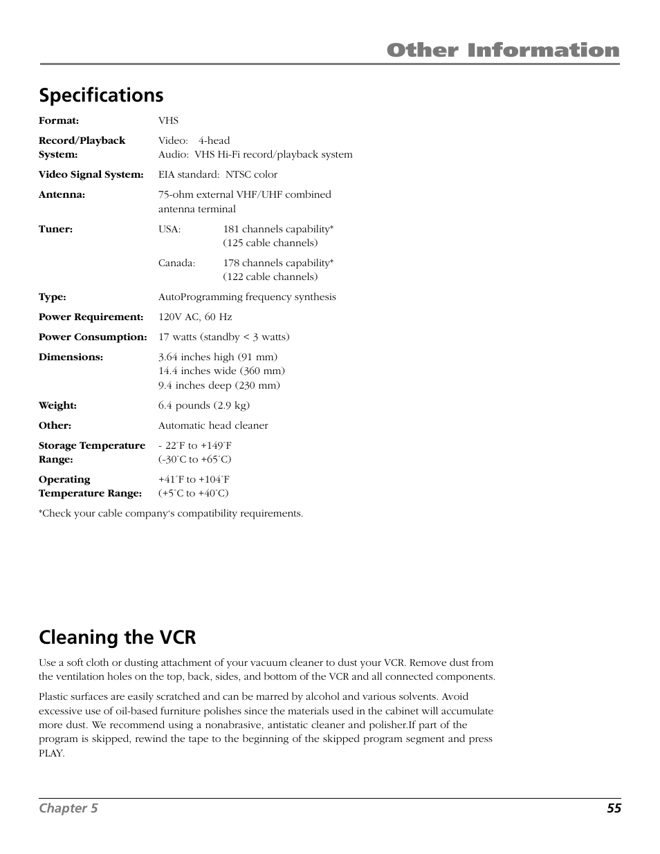 Specifications, Cleaning the vcr, Design specifications | Specifications cleaning the vcr, Other information specifications | RCA VR661HF User Manual | Page 57 / 64