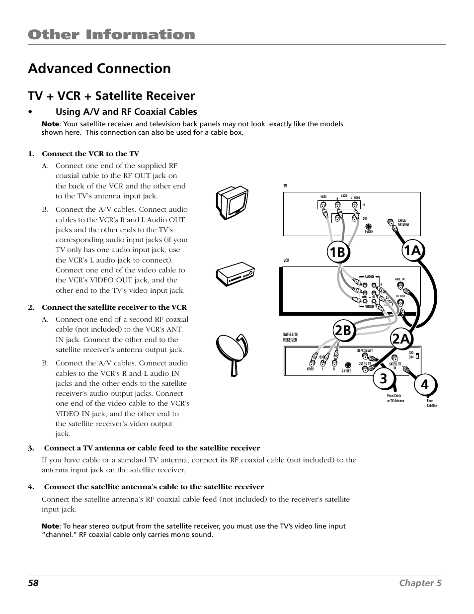 Advanced connection, Tv + vcr + satellite receiver, Audio in jacks | Other information, 1a 4 3, 1b 2a 2b, 58 chapter 5, Using a/v and rf coaxial cables, Vcr tv satellite | RCA VR661HF User Manual | Page 60 / 64