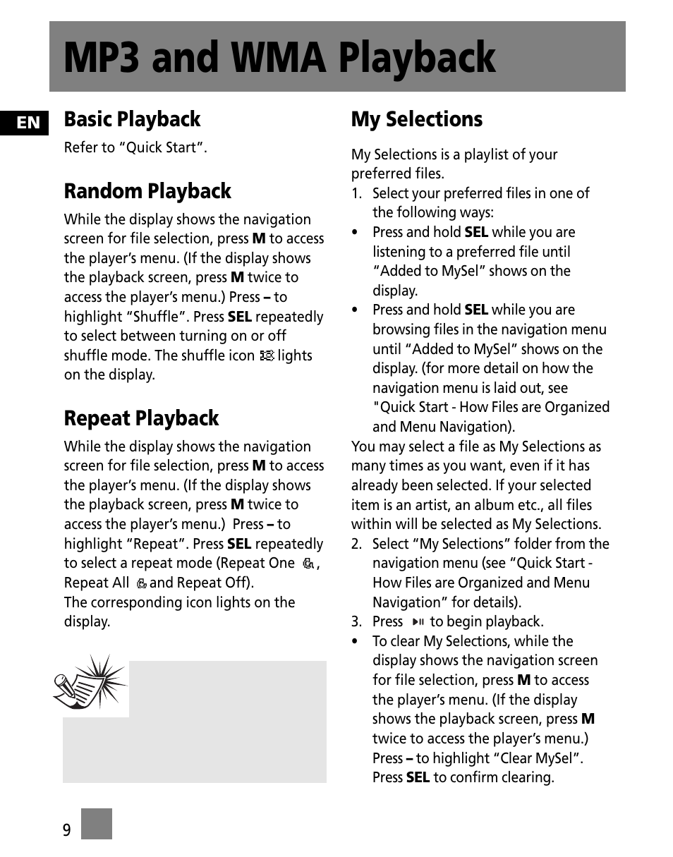 Mp3 and wma playback, Basic playback, Random playback | Repeat playback, My selections | RCA SC1001 User Manual | Page 18 / 48