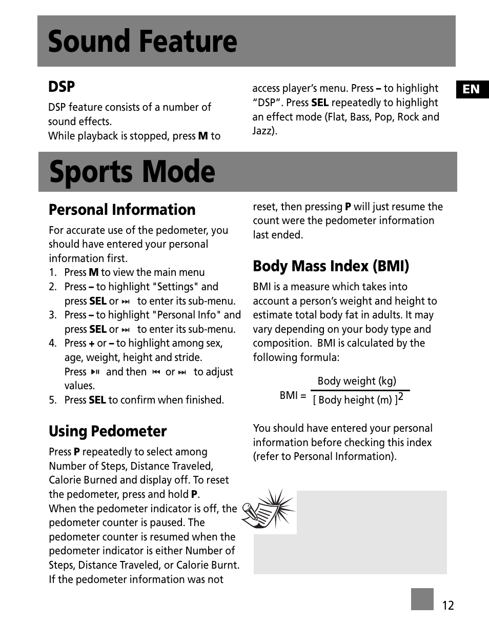 Sound feature sports mode, Personal information, Using pedometer | Body mass index (bmi) | RCA SC1001 User Manual | Page 21 / 48