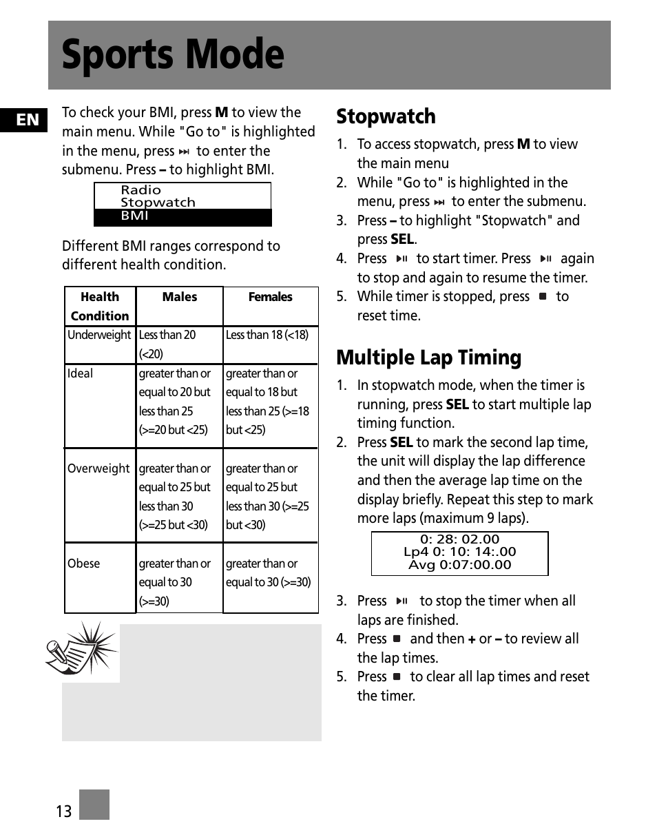 Sports mode, Stopwatch, Multiple lap timing | RCA SC1001 User Manual | Page 22 / 48