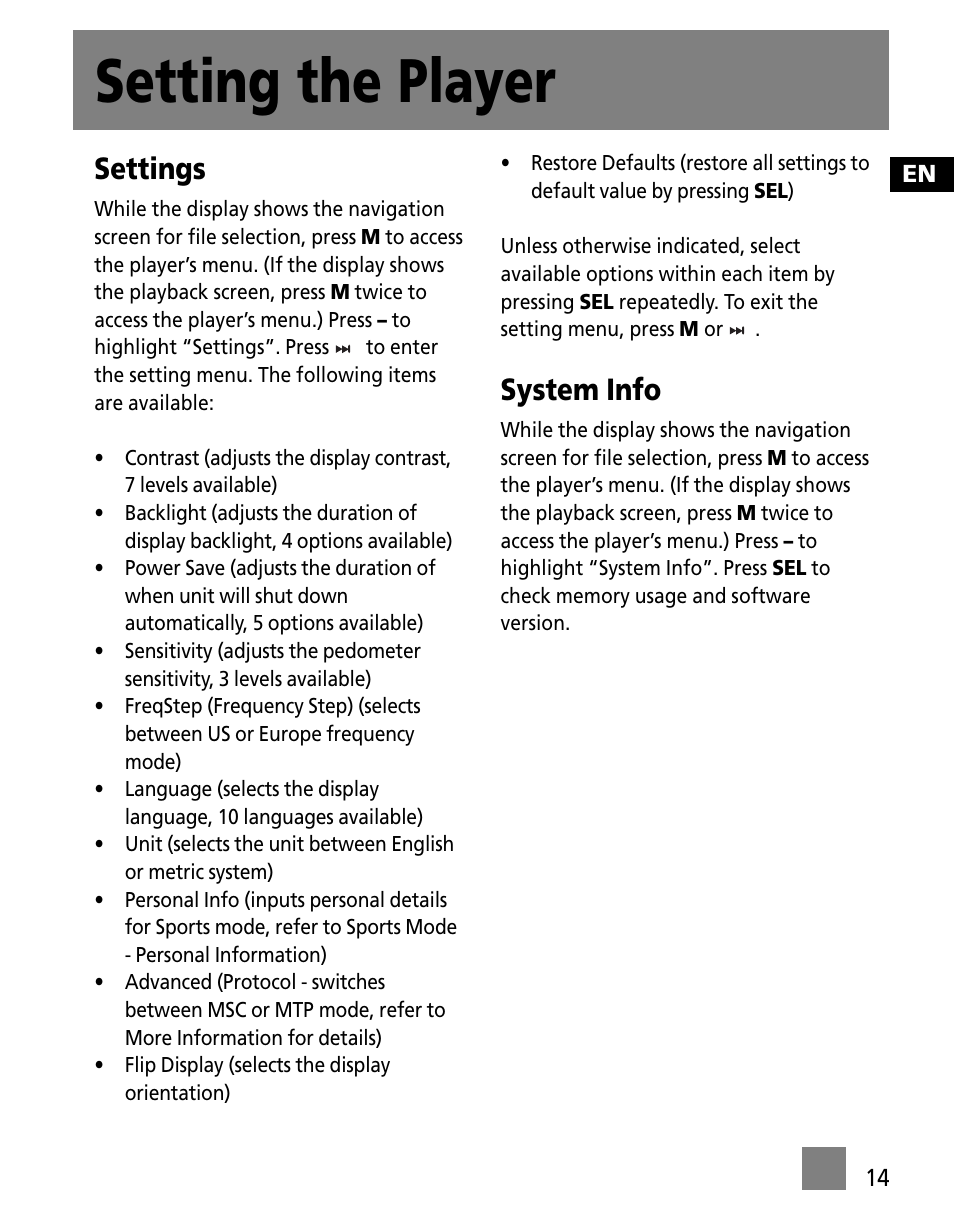 Setting the player, Settings, System info | RCA SC1001 User Manual | Page 23 / 48