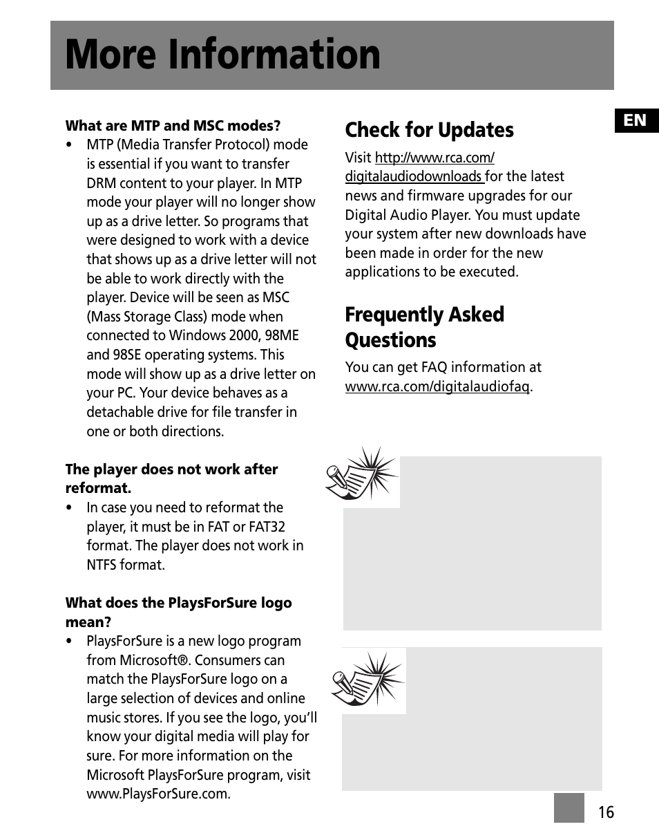 More information, Check for updates, Frequently asked questions | RCA SC1001 User Manual | Page 25 / 48