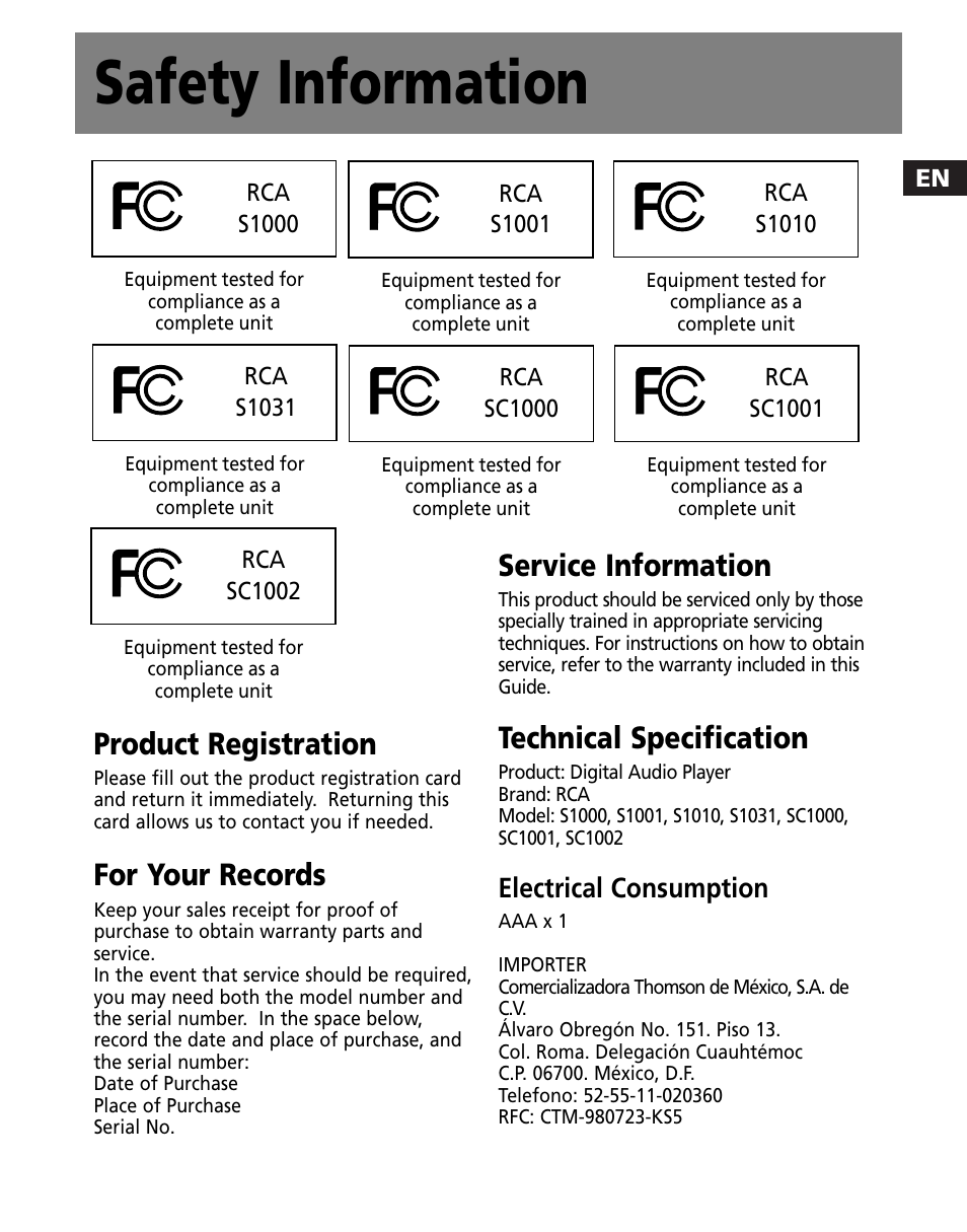 Safety information, Product registration, For your records | Service information, Technical specification, Electrical consumption | RCA SC1001 User Manual | Page 3 / 48