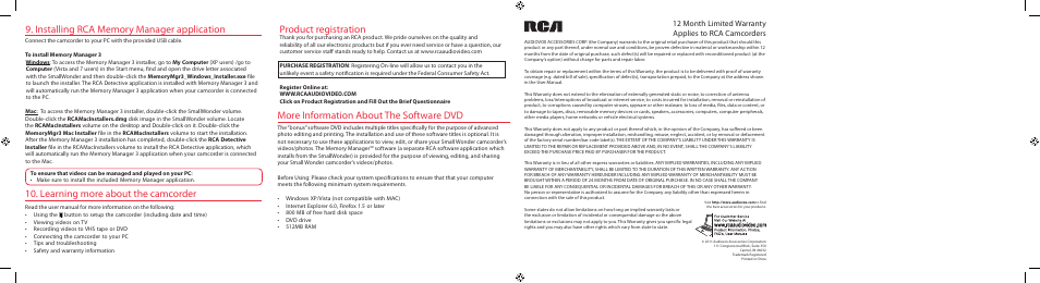 Learning more about the camcorder, Product registration, More information about the software dvd | RCA SMALL WONDER EZ2120 User Manual | Page 2 / 2