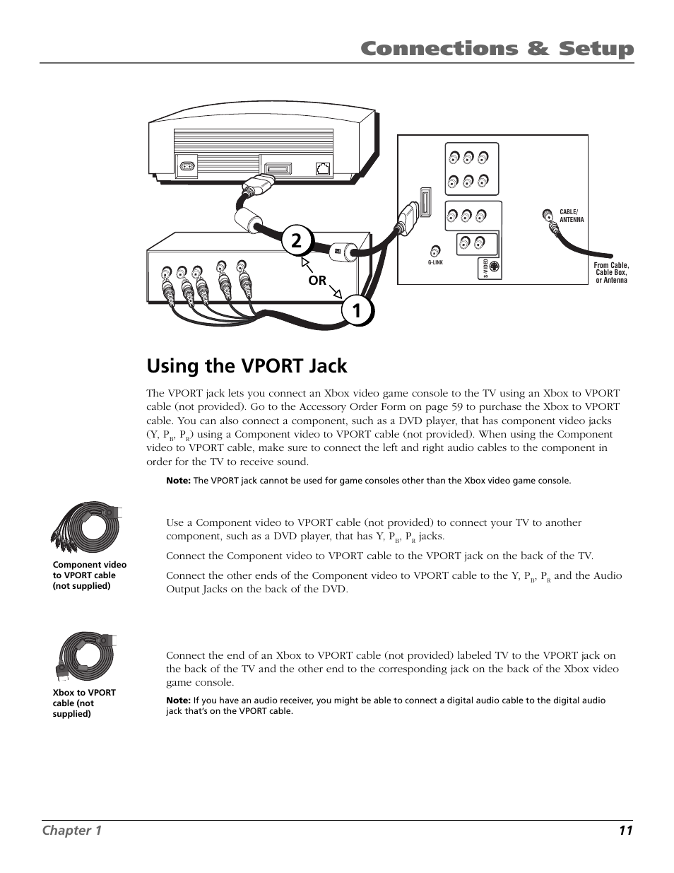 Using the vport jack, Connections & setup using the vport jack, Chapter 1 11 | RCA F27650 User Manual | Page 13 / 64