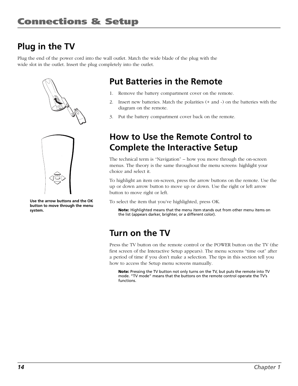 Plug in the tv, Put batteries in the remote, Turn on the tv | Batteries for the remote, Remote, batteries, Connections & setup | RCA F27650 User Manual | Page 16 / 64