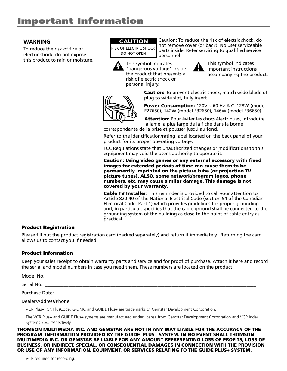 Auto tuning, Component (y, pb, pr) jacks, Vport jack | Important information | RCA F27650 User Manual | Page 2 / 64