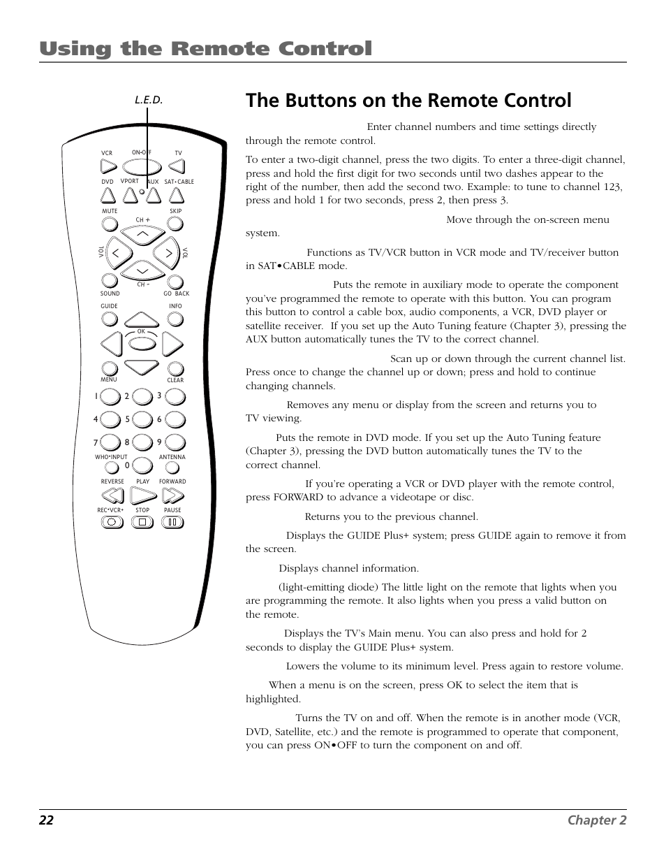 The buttons on the remote control, Antenna button, Arrow buttons | Aux (auxiliary) button, Buttons, remote control, Ch + button, Ch - button, Clear button, Button, Forward button | RCA F27650 User Manual | Page 24 / 64