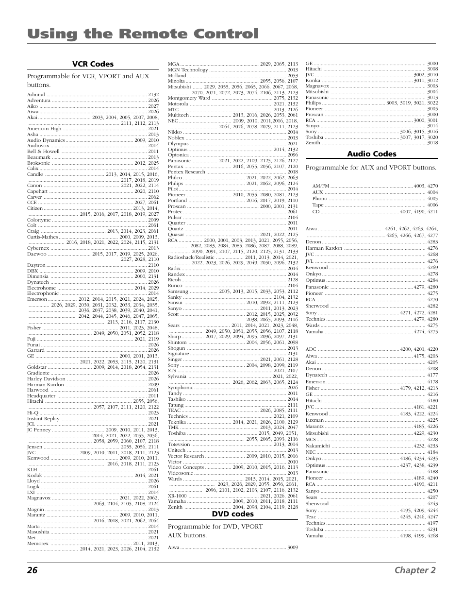 Code list, Audio, Using the remote control | 26 chapter 2, Vcr codes, Dvd codes, Audio codes | RCA F27650 User Manual | Page 28 / 64