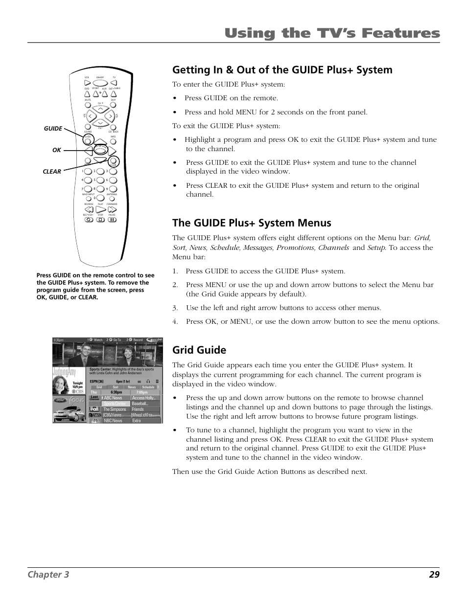 Getting in & out of the guide plus+ system, The guide plus+ system menus, Grid guide | Grid guide menu, Using the tv’s features, Chapter 3 29 | RCA F27650 User Manual | Page 31 / 64