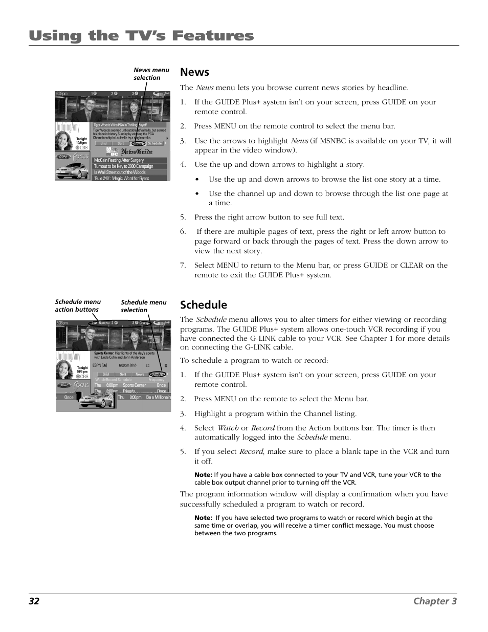 News, Schedule, News menu | Menu, Using the tv’s features | RCA F27650 User Manual | Page 34 / 64