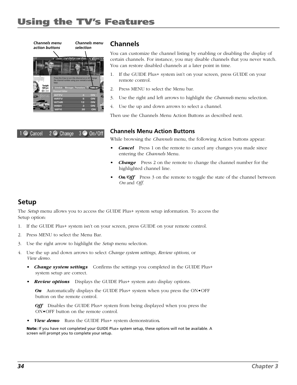 Setup, Channels menu, Channels | Menu, Using the tv’s features | RCA F27650 User Manual | Page 36 / 64