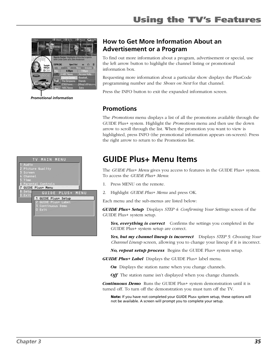 Promotions, Guide plus+ menu items, Using the tv’s features | RCA F27650 User Manual | Page 37 / 64