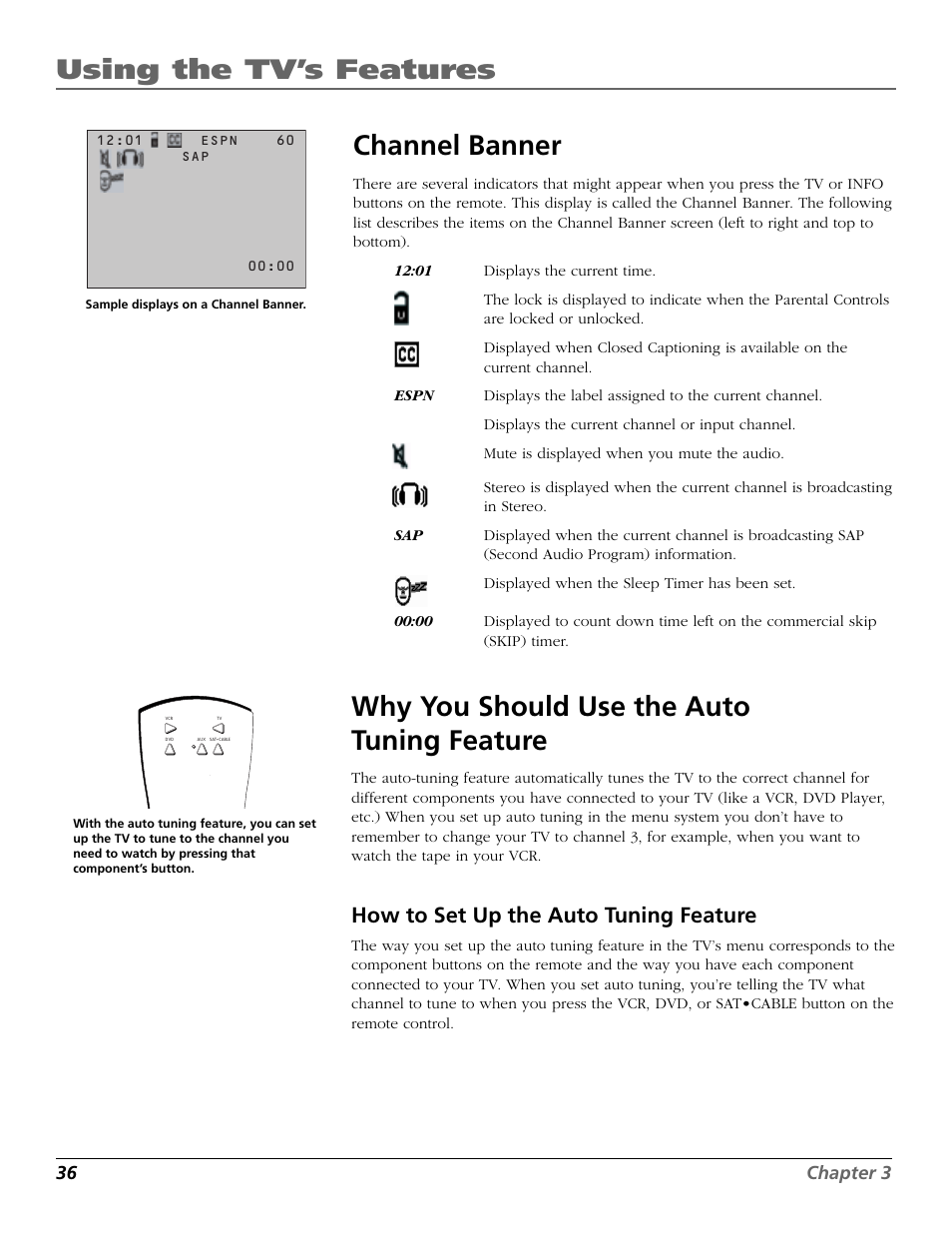 Why you should use the auto tuning feature, How to set up the auto tuning feature, Banner | Using the tv’s features, Channel banner | RCA F27650 User Manual | Page 38 / 64