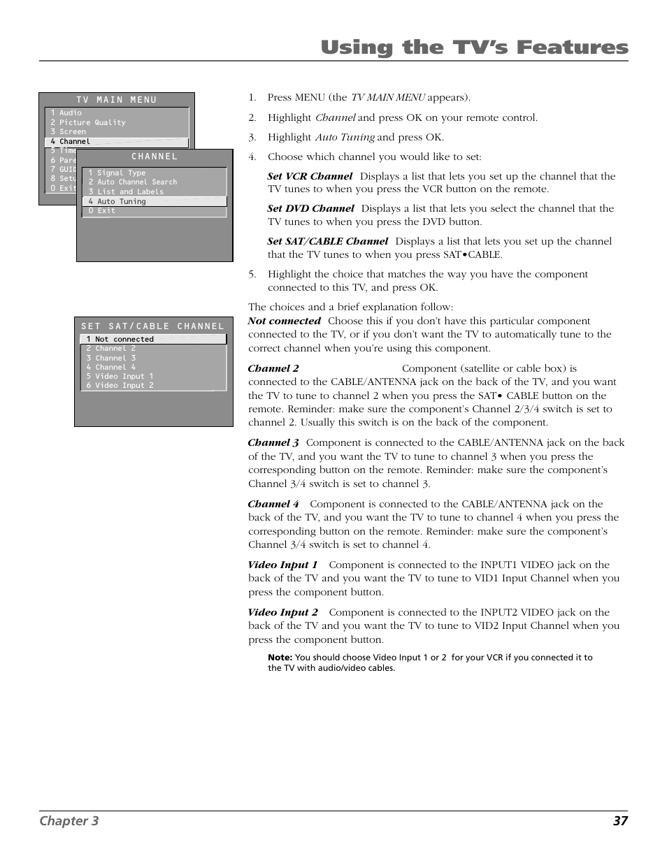 Dvd channel, Sat/cable channel, Vcr channel | Channel, Using the tv’s features, Chapter 3 37 | RCA F27650 User Manual | Page 39 / 64