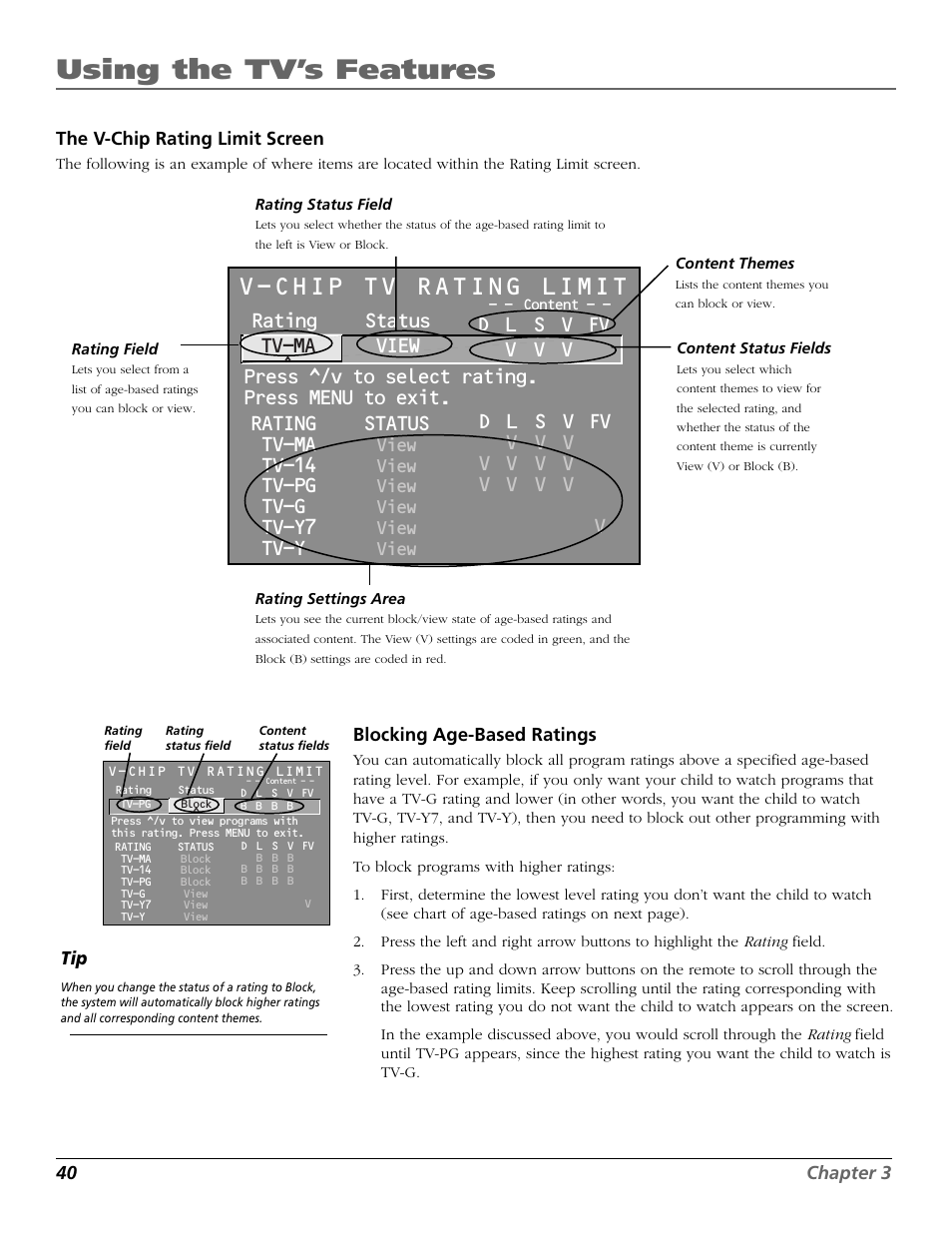 Age-based ratings, Using the tv’s features, V-chip tv rating limit | Rating status tv-ma view, Tv-14, Tv-pg, Tv-g, Tv-y7, Tv-y, View | RCA F27650 User Manual | Page 42 / 64