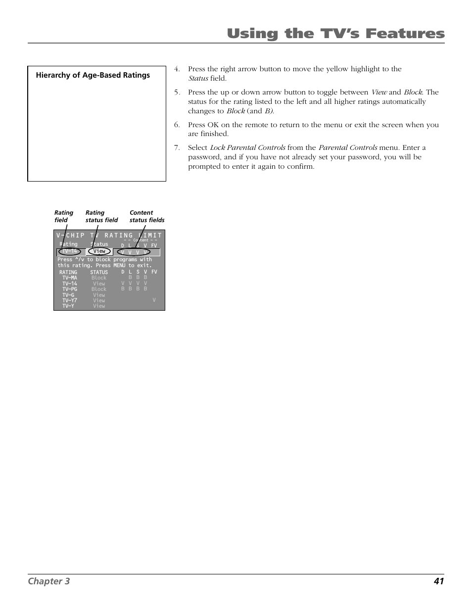 Blocking specific content themes, Specific content themes, Using the tv’s features | Chapter 3 41 | RCA F27650 User Manual | Page 43 / 64