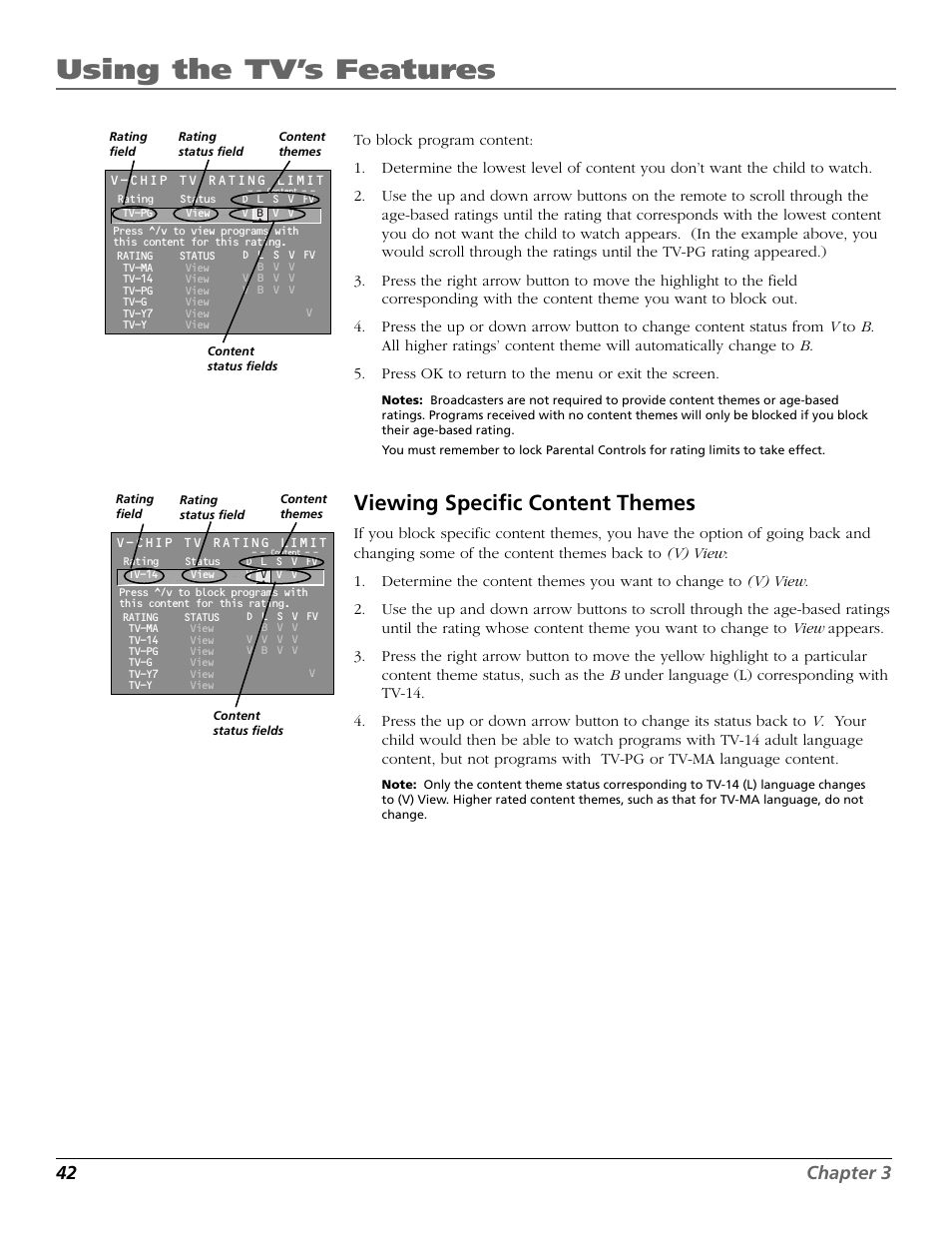 Viewing specific content themes, Using the tv’s features, 42 chapter 3 | RCA F27650 User Manual | Page 44 / 64