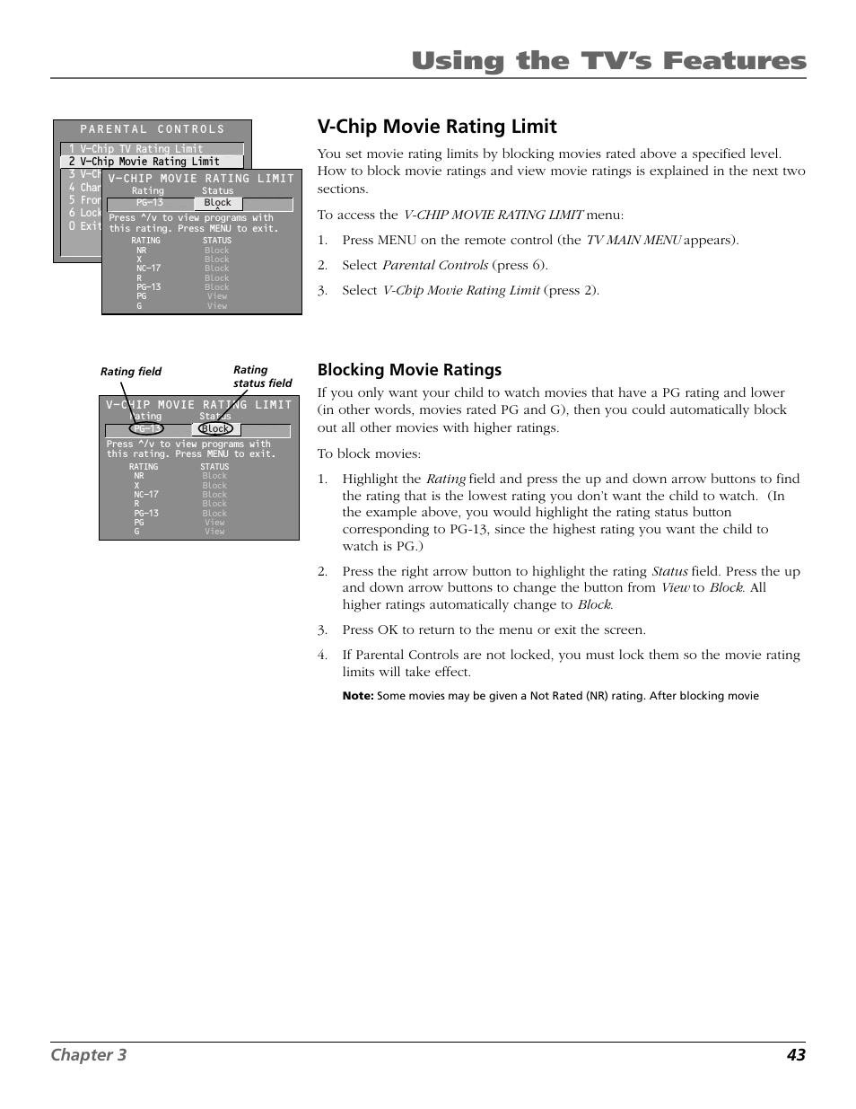 V-chip movie rating limit, Movie ratings, Movies | Blocking movies, Using the tv’s features, Chapter 3 43, Blocking movie ratings | RCA F27650 User Manual | Page 45 / 64