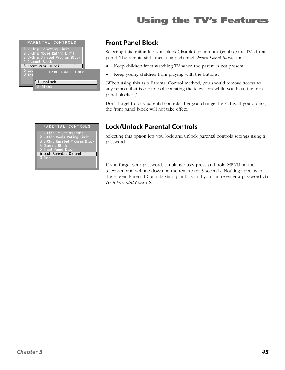 Front panel block, Lock/unlock parental controls, Front panel | Block, Lock, parental controls, Locking, unlocking, Unlock, parental controls, Using the tv’s features | RCA F27650 User Manual | Page 47 / 64