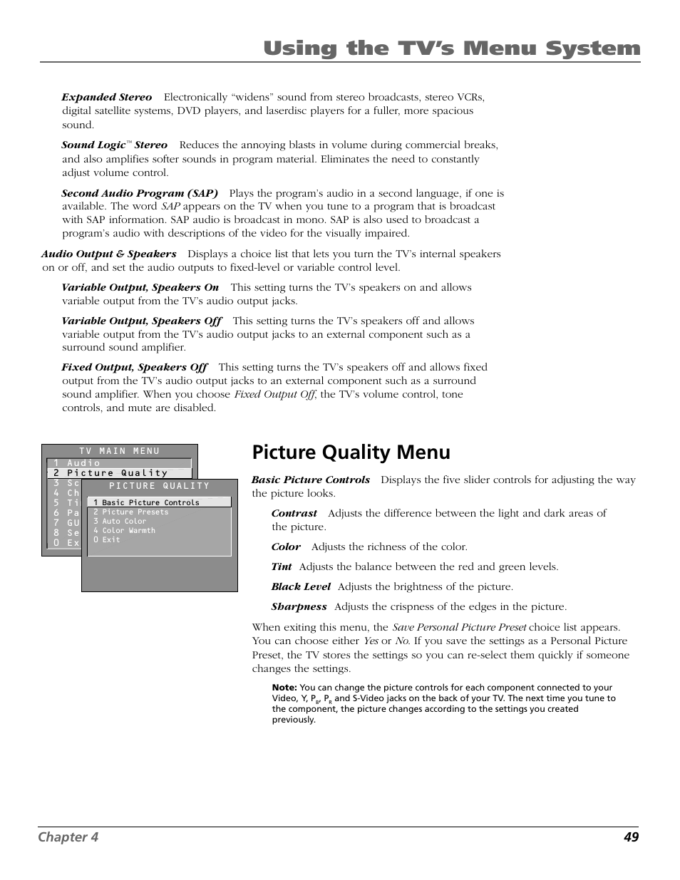 Picture quality menu, Output volume & speakers, Picture controls | Black level, Contrast, Output, speakers off, Picture quality, Quality menu, Second audio program (sap), Sharpness | RCA F27650 User Manual | Page 51 / 64
