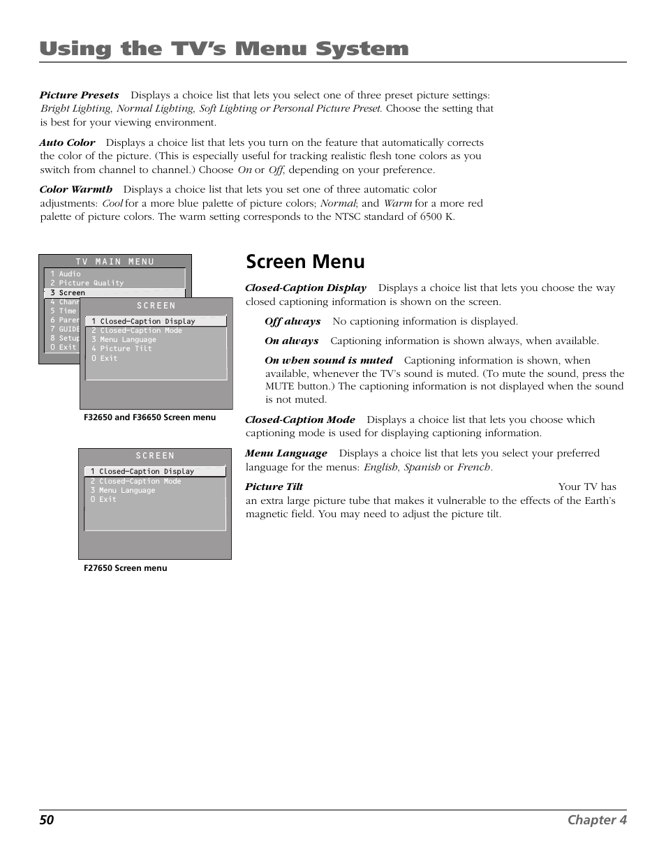 Screen menu, Color, Cc (closed captioning) | Display, Color warmth, Language, Screen, Presets, Tilt, Using the tv’s menu system | RCA F27650 User Manual | Page 52 / 64