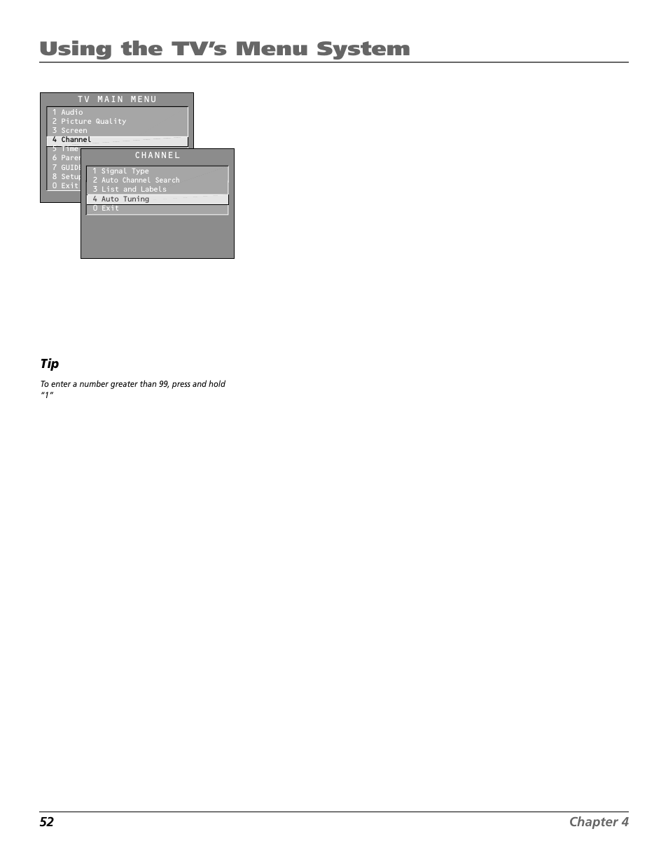 Channel menu, Time menu, Channel search | Tuning, Labels, Menu, Memory, Channel, Time, Normal list | RCA F27650 User Manual | Page 54 / 64