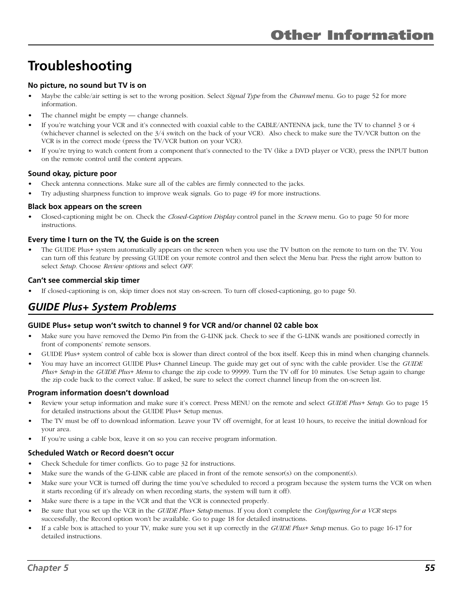 Other information troubleshooting, Guide plus+ system problems | RCA F27650 User Manual | Page 57 / 64