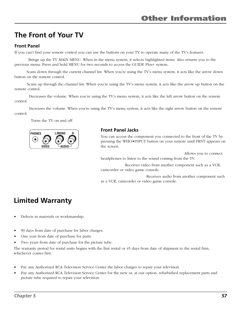 The front of your tv, Front panel, Jacks | Warranty, Other information the front of your tv, Limited warranty | RCA F27650 User Manual | Page 59 / 64