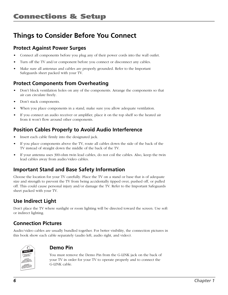 Things to consider before you connect, Protect against power surges, Protect components from overheating | Important stand and base safety information, Use indirect light, Connection pictures, Demo pin, 6chapter 1 | RCA F27650 User Manual | Page 8 / 64