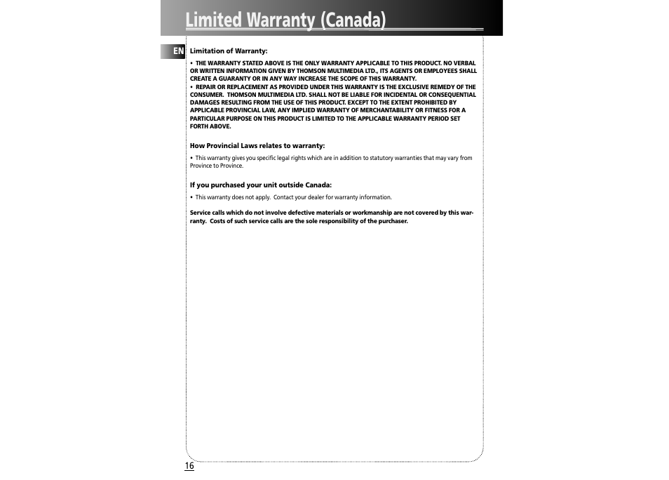 Limited warranty (canada) | RCA 004-000-00345-4 User Manual | Page 10 / 10