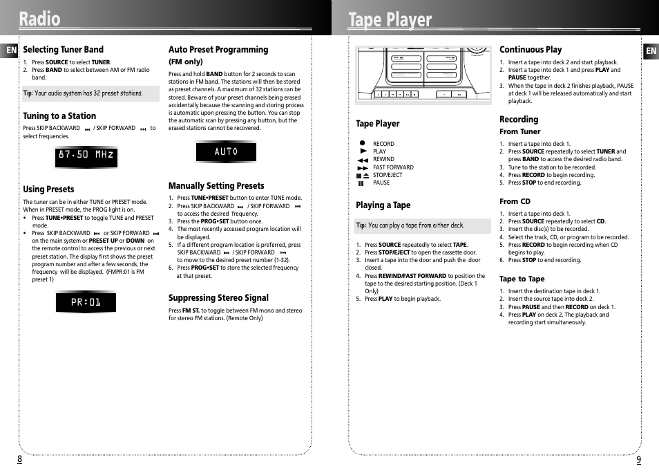 Tape player, Radio, Volu me cont ro l | 12 bass boost cd display | RCA 004-000-00345-4 User Manual | Page 6 / 10