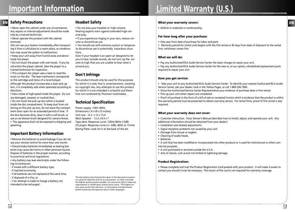 Important information limited warranty (u.s.) | RCA 004-000-00345-4 User Manual | Page 8 / 10
