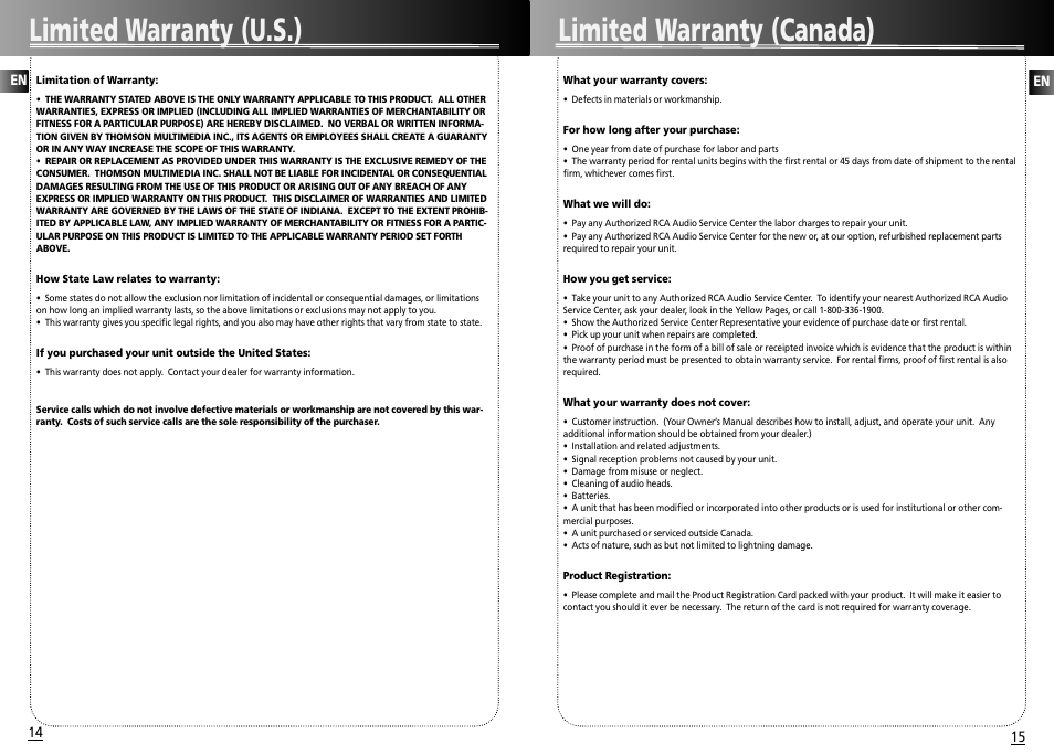 Limited warranty (u.s.) limited warranty (canada) | RCA 004-000-00345-4 User Manual | Page 9 / 10