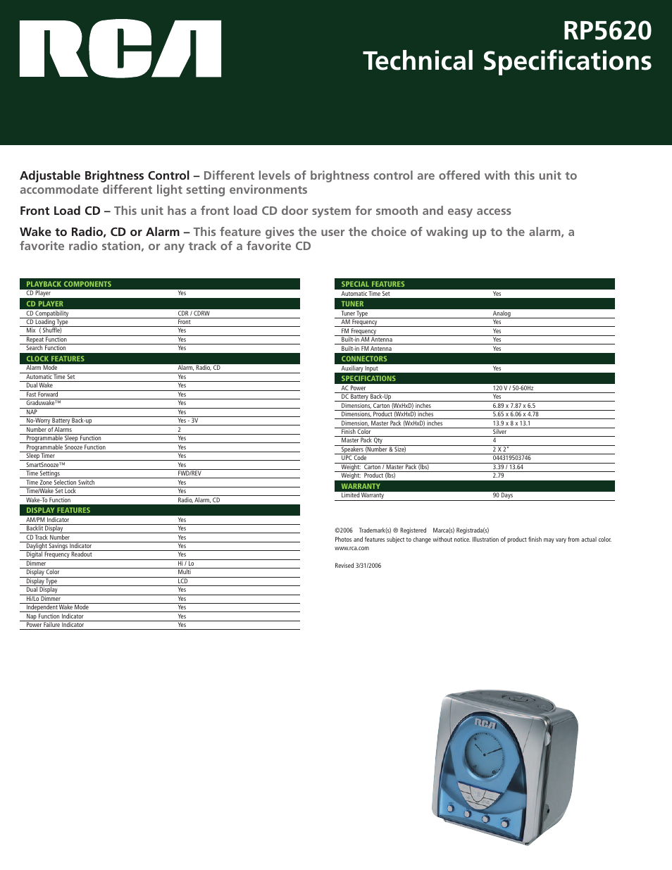 Rp5620 technical specifications | RCA CLOCK RADIO RP5620 User Manual | Page 2 / 2