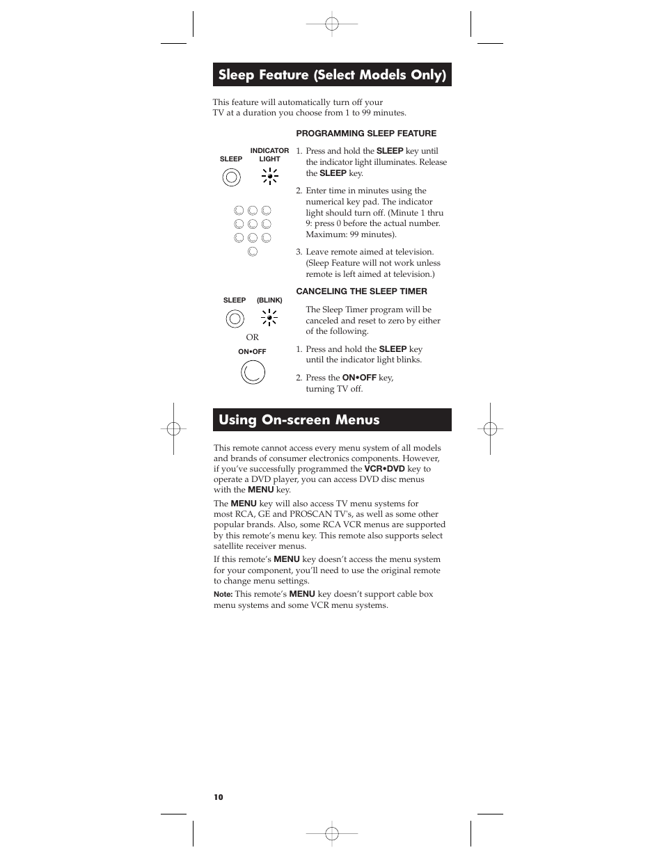 Sleep feature (select models only), Using on-screen menus | RCA RCU403 User Manual | Page 10 / 16