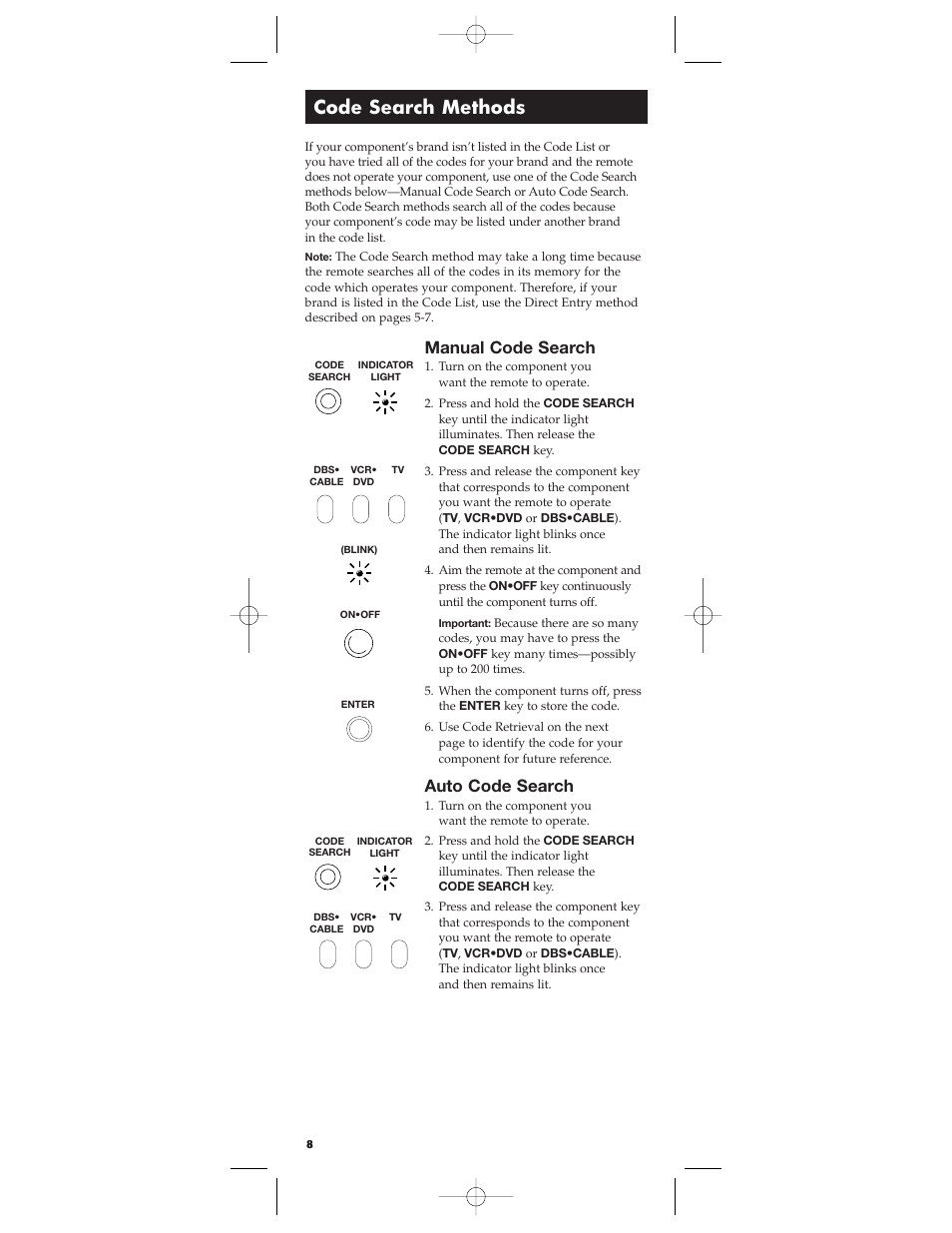 Code search methods, Manual code search, Auto code search | RCA RCU403 User Manual | Page 8 / 16