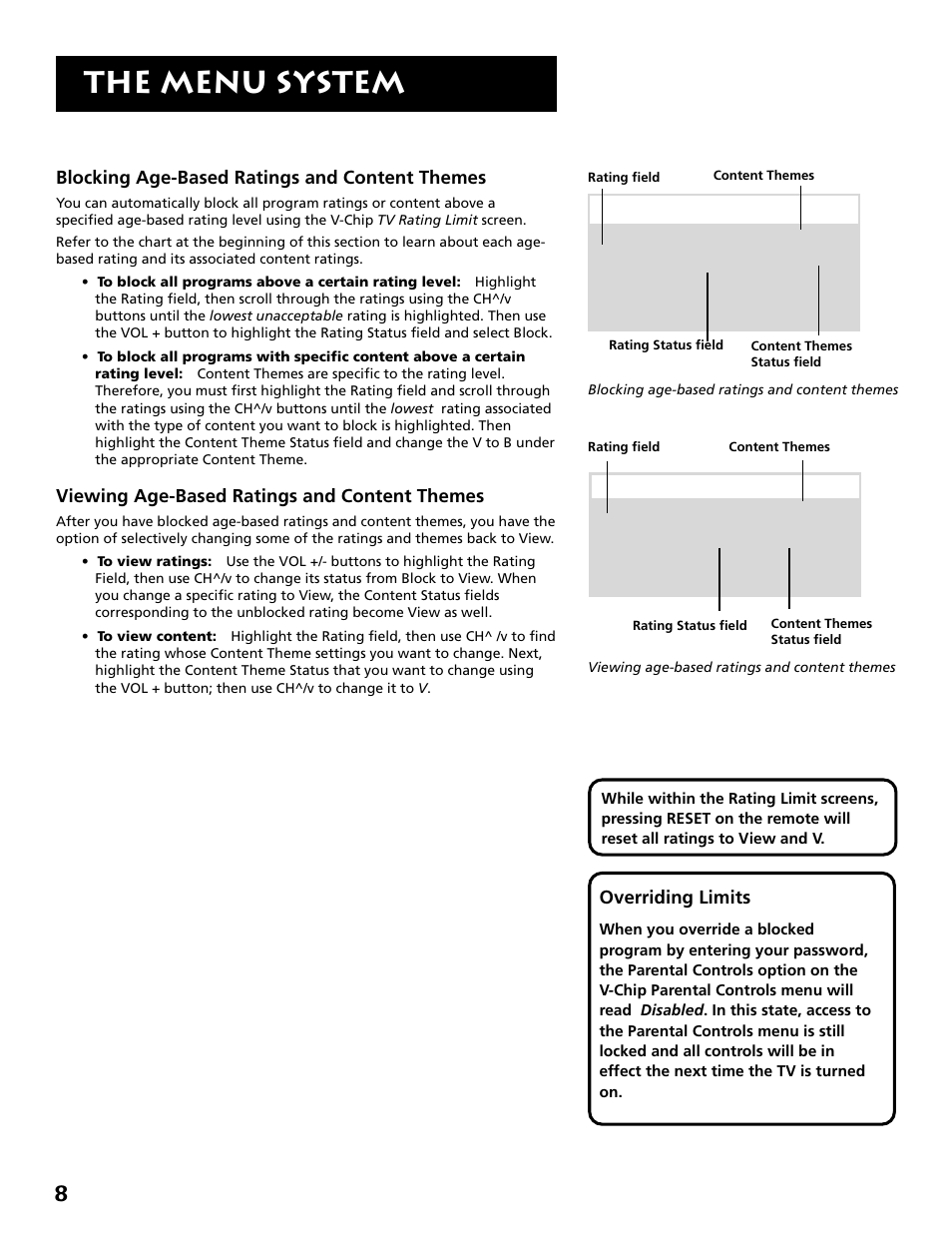 The menu system, Blocking age-based ratings and content themes, Viewing age-based ratings and content themes | Overriding limits | RCA E13318 User Manual | Page 10 / 16