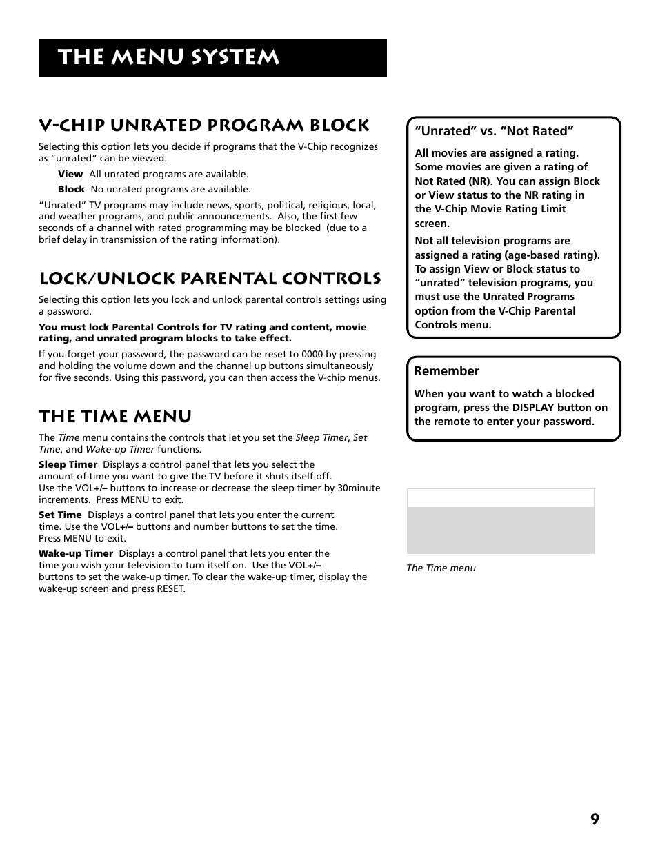 The menu system, V-chip unrated program block, Lock/unlock parental controls | The time menu | RCA E13318 User Manual | Page 11 / 16