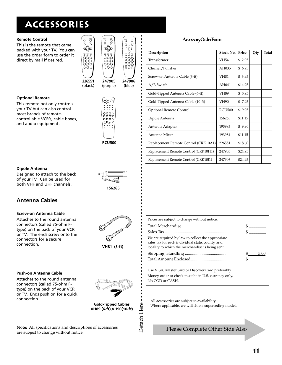 Accessories, Detach her e, Please complete other side also | Antenna cables, Accessory order form, Blue), Purple) | RCA E13318 User Manual | Page 13 / 16