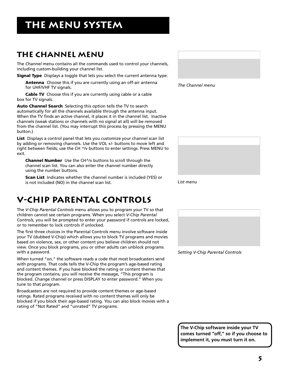 The menu system, V-chip parental controls, The channel menu | RCA E13318 User Manual | Page 7 / 16
