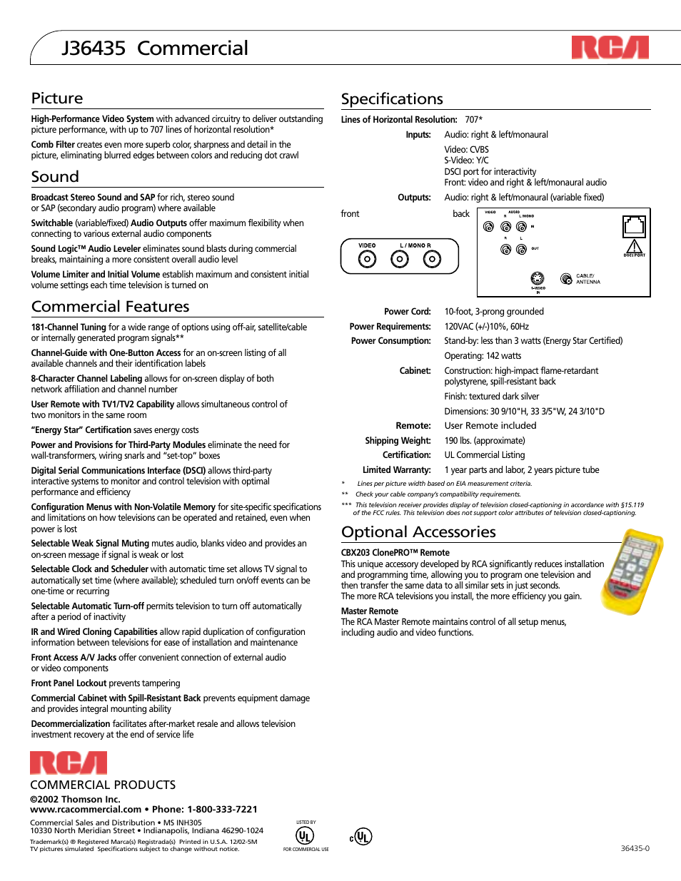 Specifications, Optional accessories, Picture | Sound, Commercial features, Commercial products | RCA J36435 User Manual | Page 2 / 2