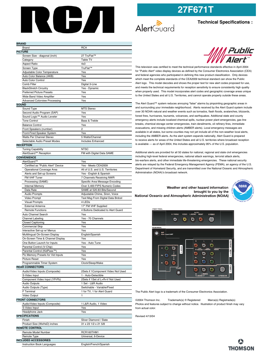 Technical specifications | RCA Alert Guard 27F671T User Manual | Page 2 / 2